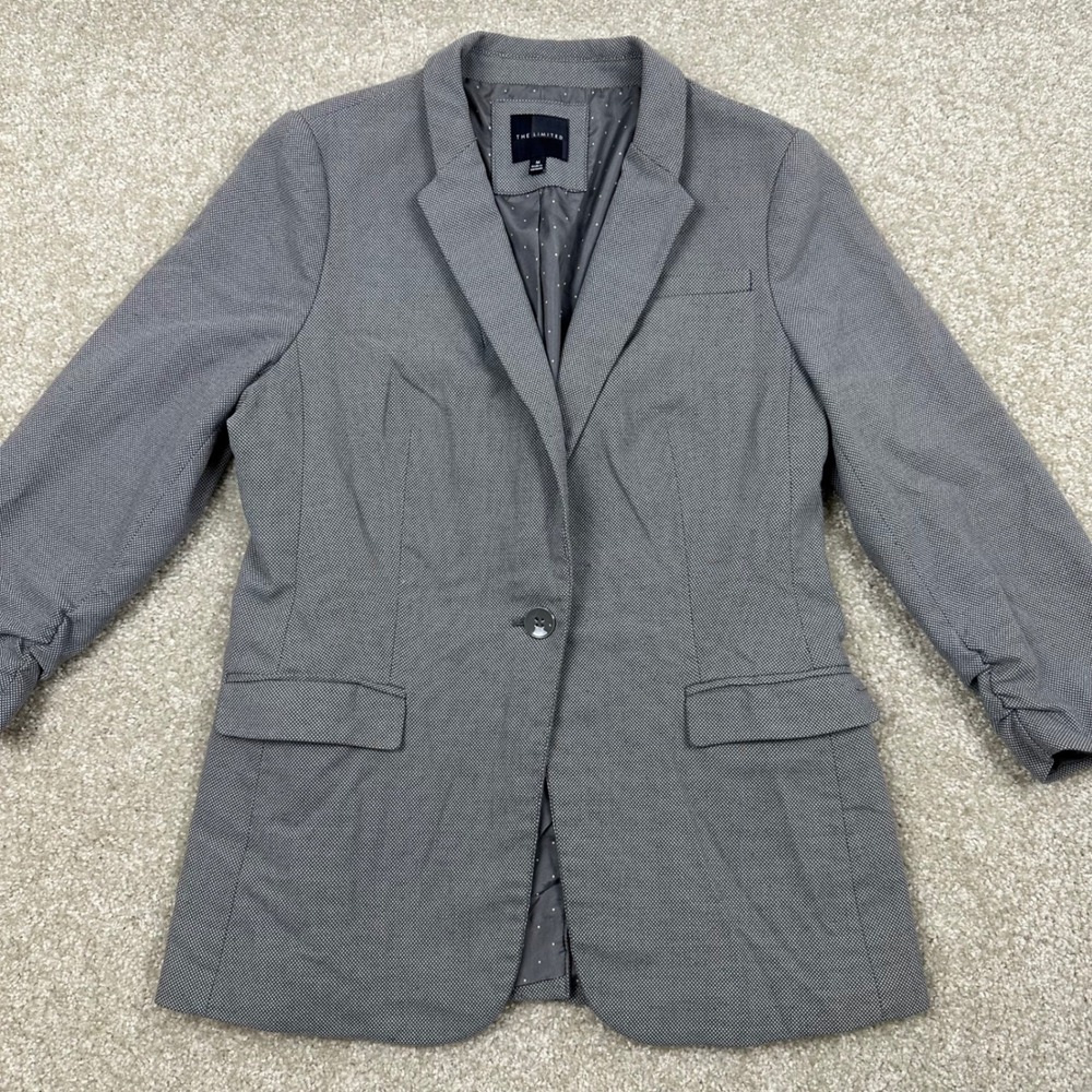The Limited Gray Textured Single Button Ruched‎ 3/4 Sleeve Blazer Jacket Size M - Picture 3 of 9